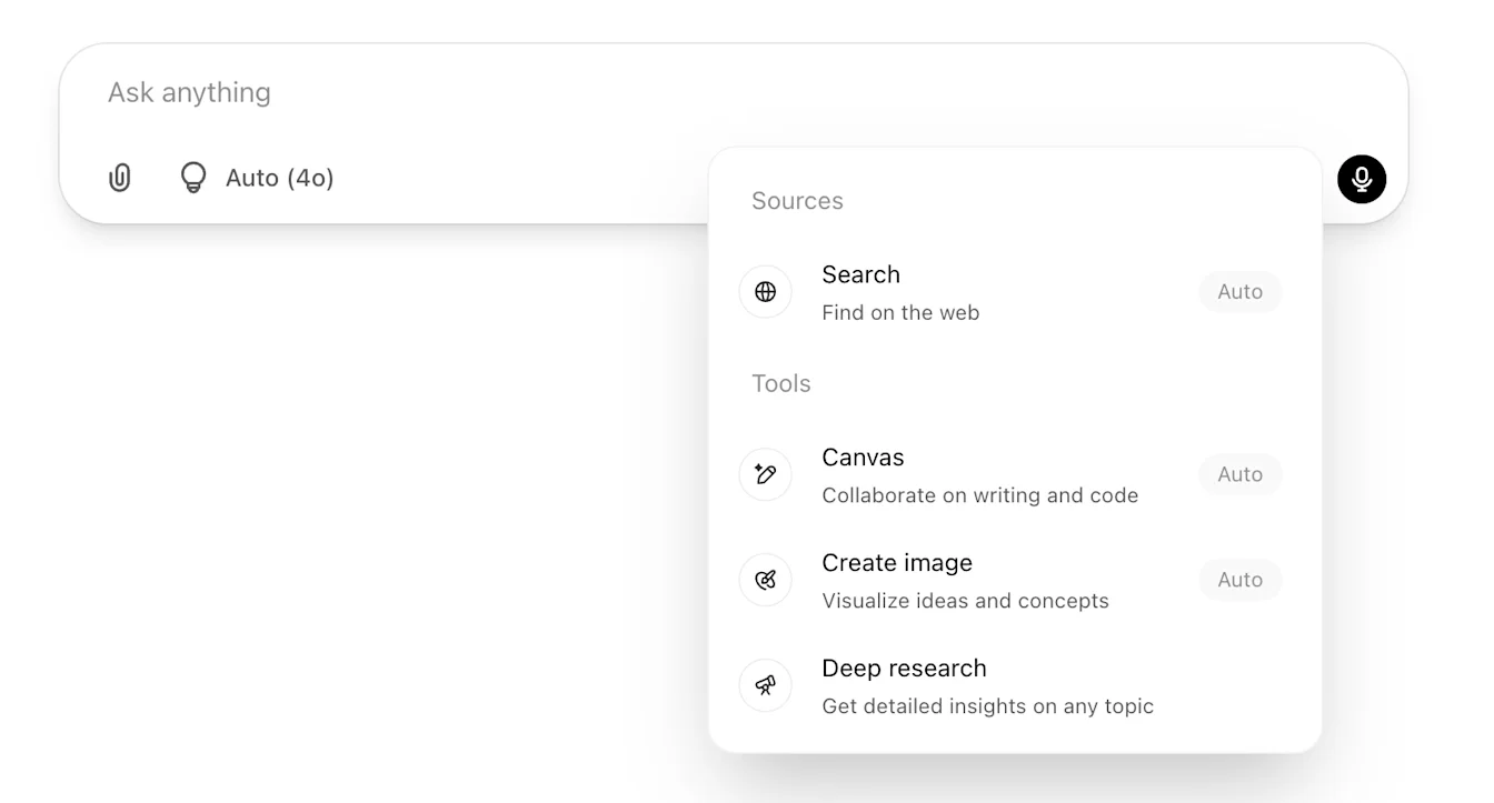 OpenAI’s published ChatGPT menu showing Search, labelled Find on the web.