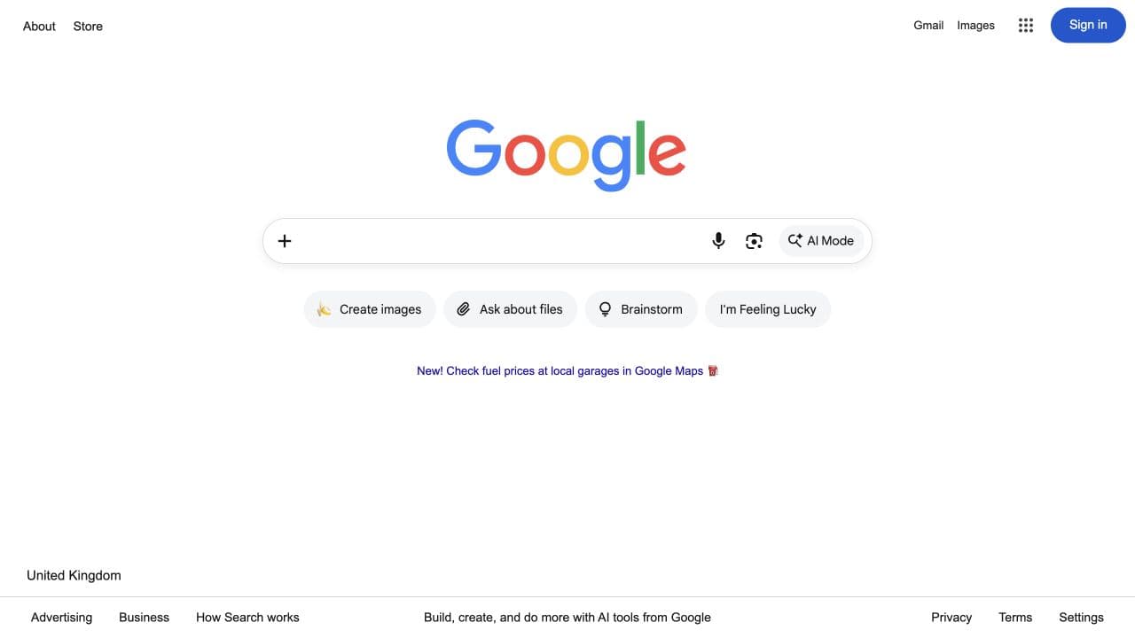 Google homepage with the AI Mode button at the right-hand end of the search box.