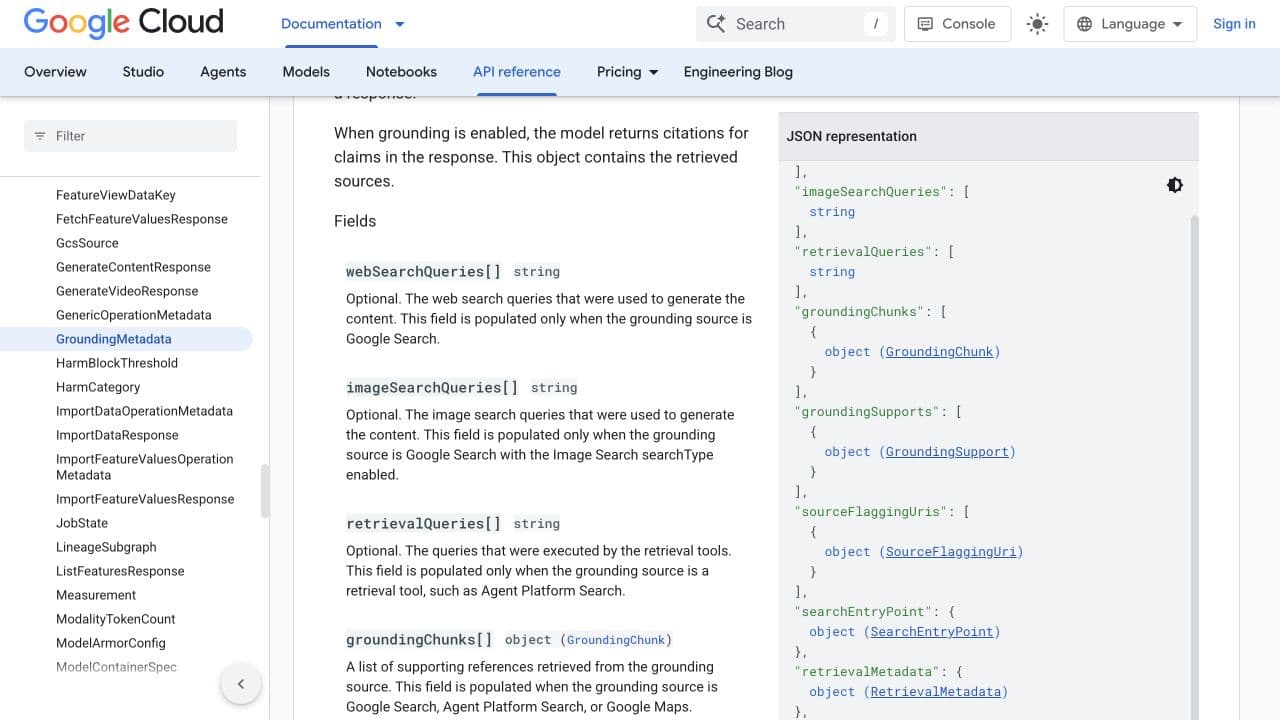 Google Cloud field reference showing webSearchQueries for returned searches and groundingChunks for supporting references.