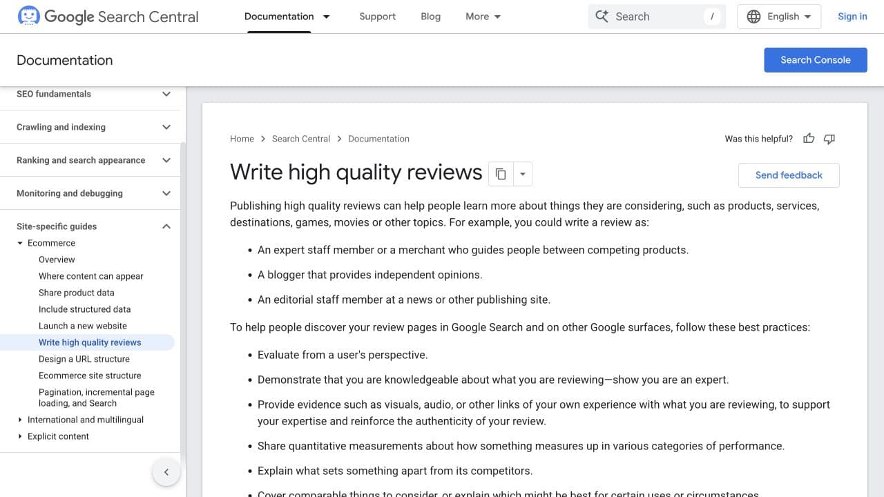 Google Search Central review guidance asking for evidence of first-hand experience and differences from competing products.